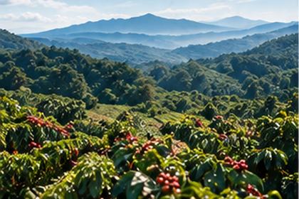 山あいに広がるコーヒー農園と遠景の山並み