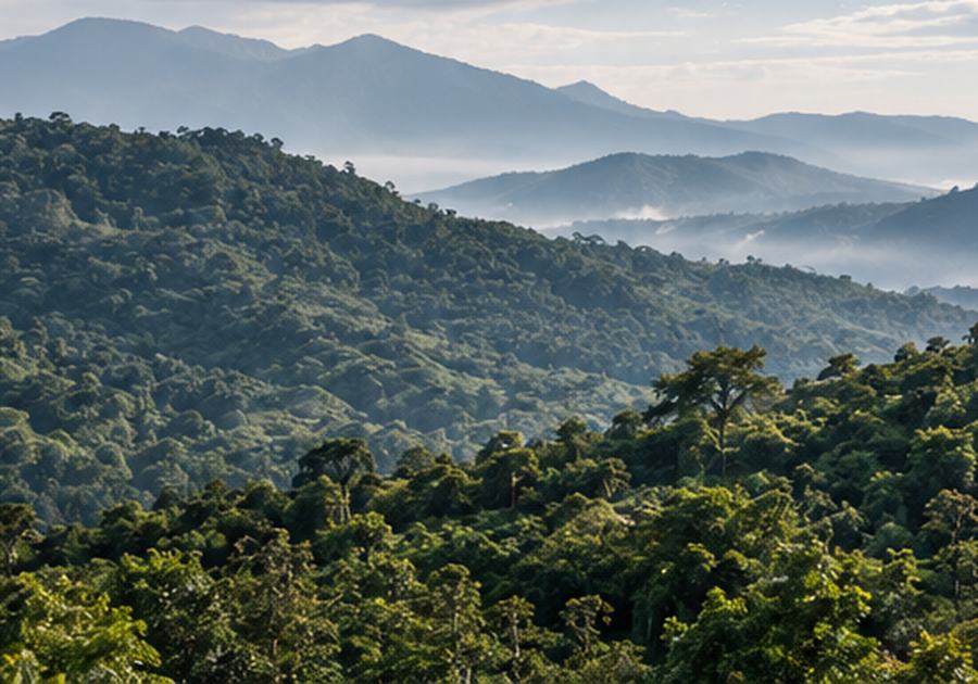 朝もやのかかる山岳地帯